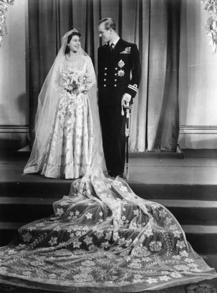 Queen Elizabeth II’s wedding gown made with Syrian brocade